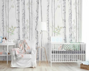 Cartoon Birch Forest Wallpaper Mural: Kids' Room Decor