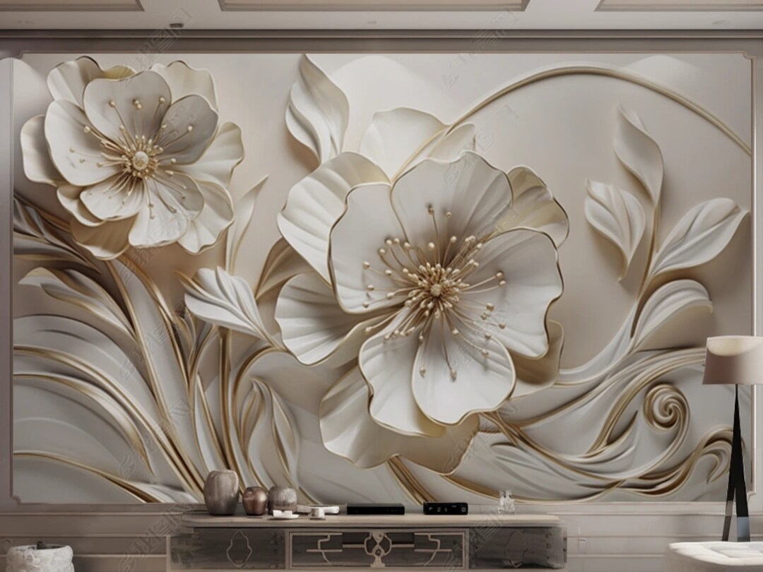 3D White Big Flowers Floral Plaster Wallpaper Wall Mural Home Decor for