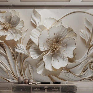 3D White Big Flowers Floral Plaster Wallpaper Wall Mural Home Decor for Living Room Bedroom Dinning Room