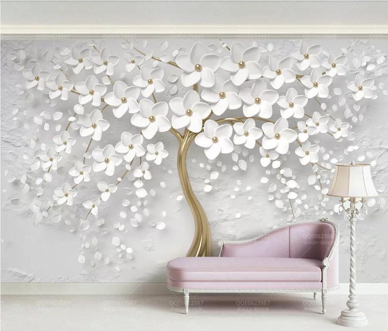 White Flower 3d Wallpaper Custom Wallpaper 3D Embossed White Flowers Tree Wallpaper Wall | Etsy