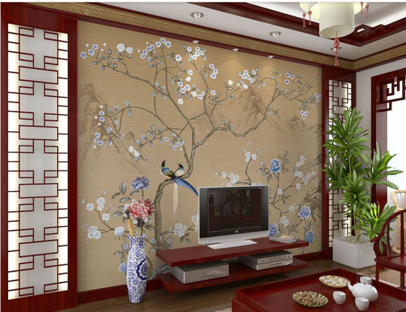 Chinoiserie Cherry Blossom Wallpaper: Bird & Floral Wall Mural - Etsy ...