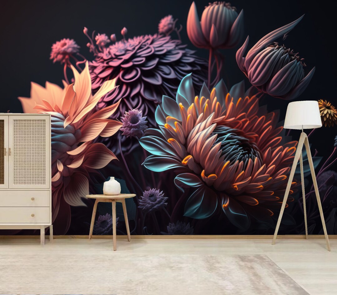 Dark Floral Peony Wallpaper Mural: 3D Home Decor - Etsy
