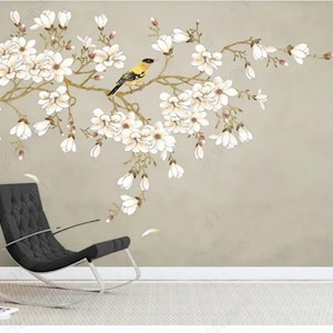 Chinoiserie Hanging Magnolia Tree Wallpaper, Vivid Birds and Magnolia Flowers Home Decor Wall Murals Wall Decor for Living or Dinning Room