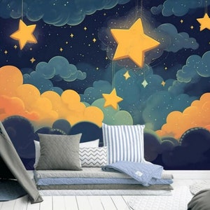 Cartoon Clouds and Stars Kids Babies Room Children Nursery Wallpaper Wall Mural Home Decor