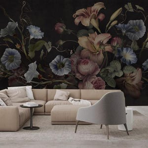 Dark Background Flowers Floral Wallpaper Wall Mural Home Decor