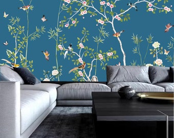 Chinoiserie Floral Bird Wallpaper Mural: Living Room Decor