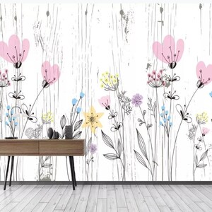 Aquarelle Rose Petites Fleurs Floral Pépinière Papier Peint, Herbes et Fleurs Chambre d'enfant Chambre d'enfant Chambre de bébé fille Peintures murales