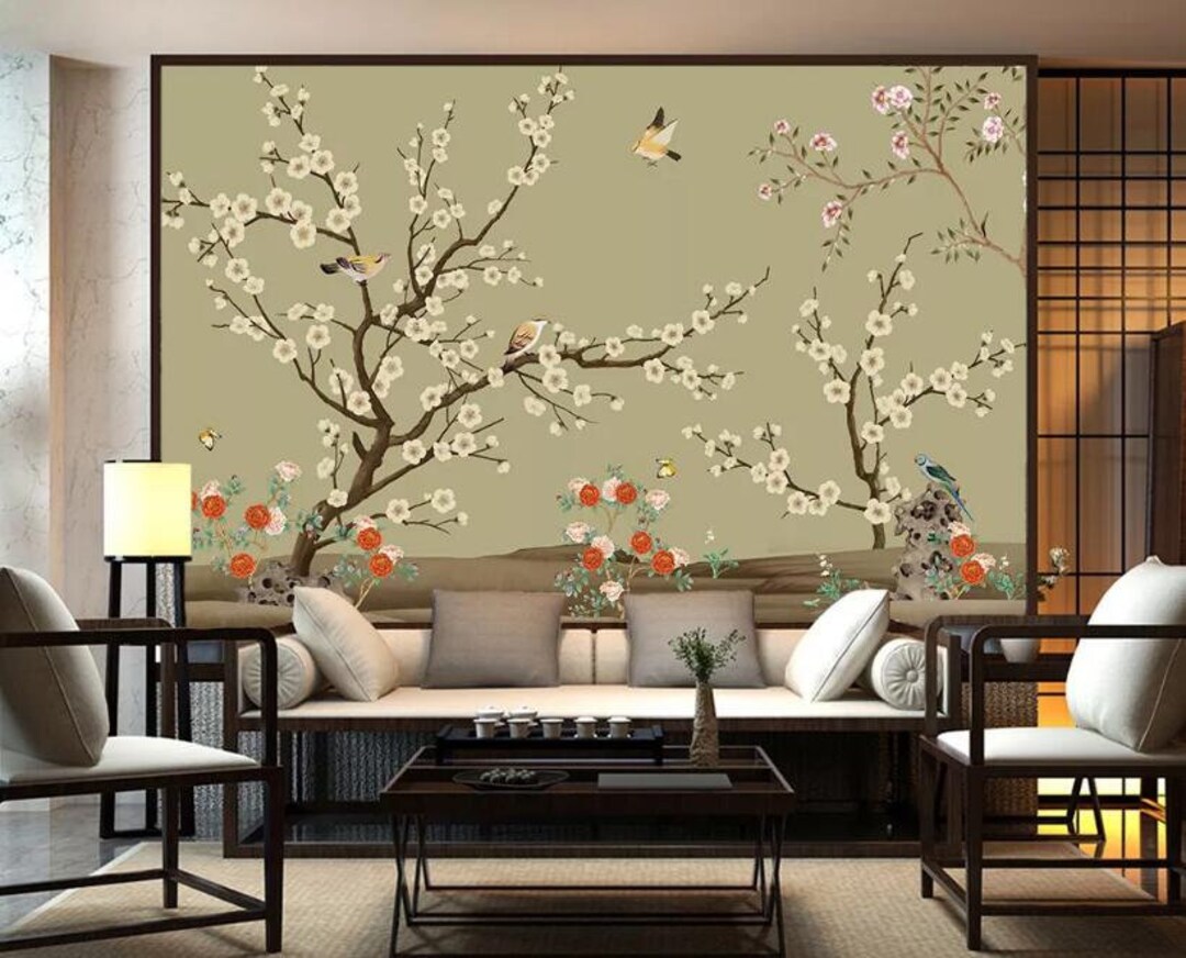 Chinoiserie Plum Tree Wallpaper: Flying Birds Wall Mural - Etsy