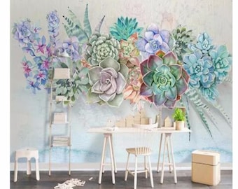 Succulent Mural Wallpaper: Green Plant Wall Decor