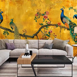 Chinoiserie Brushwork Golden Plum Blossom with Vivid Peacocks Wallaper Wall Mural Home Decor