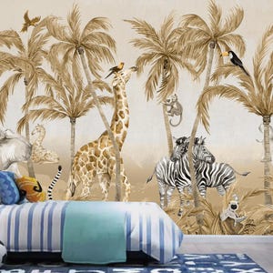 Safari Animal Wallpaper Mural: Giraffe, Elephant, Zebra Nursery Decor