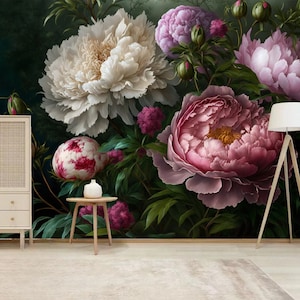 Dark Floral Wallpaper Mural: Rose & Peony Home Decor