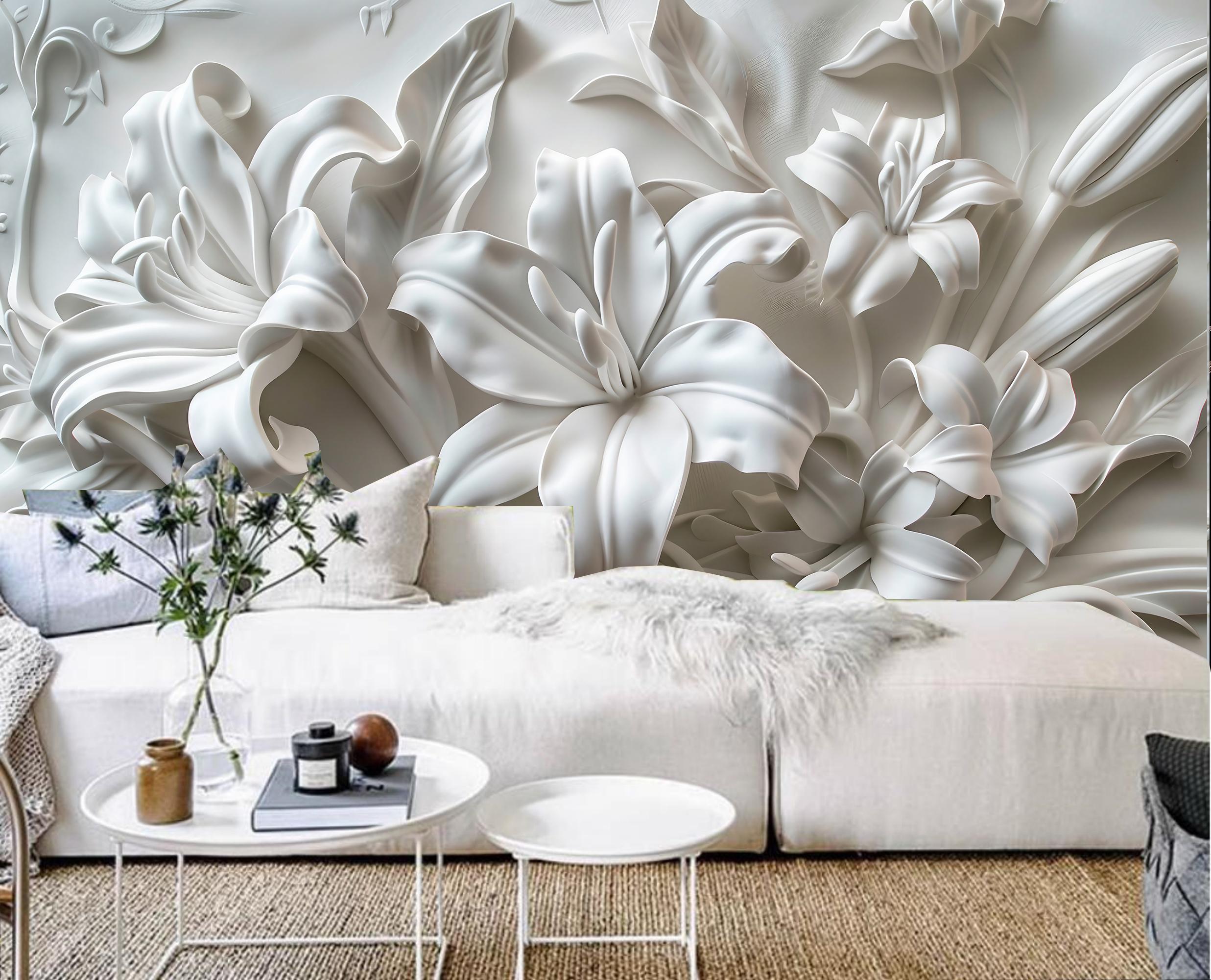 3D Marble Flowers Neoclassicism Sculpture Floral Wallpaper Wall
