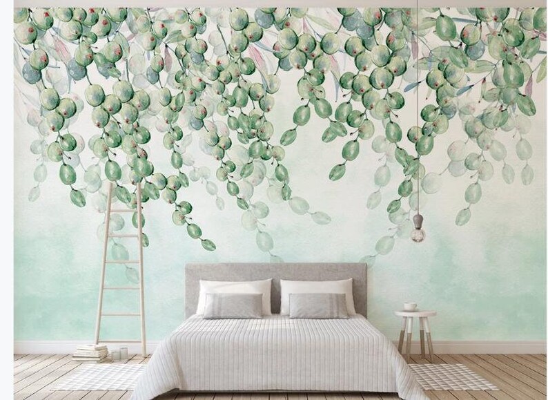 Hanging Several Green Leaves Wallpaper Wall Mural Spring Etsy