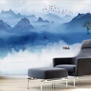 Blue Mountains with White Clouds Mural Wallpaper, Hand Painted Blue Mountains with Flying Birds and Boat Wall Murals Wall Decor
