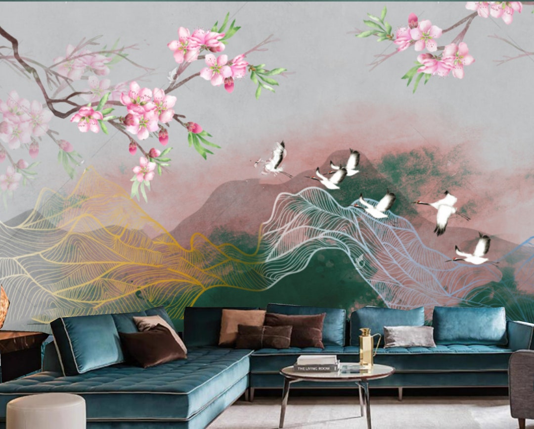 Chinoiserie Hanging Cherry Blossom With Flying Cranes and Mountains ...