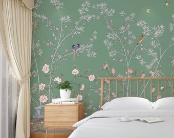Chinoiserie Bamboo Pink Flowers Floral with Flying Birds  Vine Wallpaper Home Decor Wall Mural for Living Room Bedroom or Dinning Room