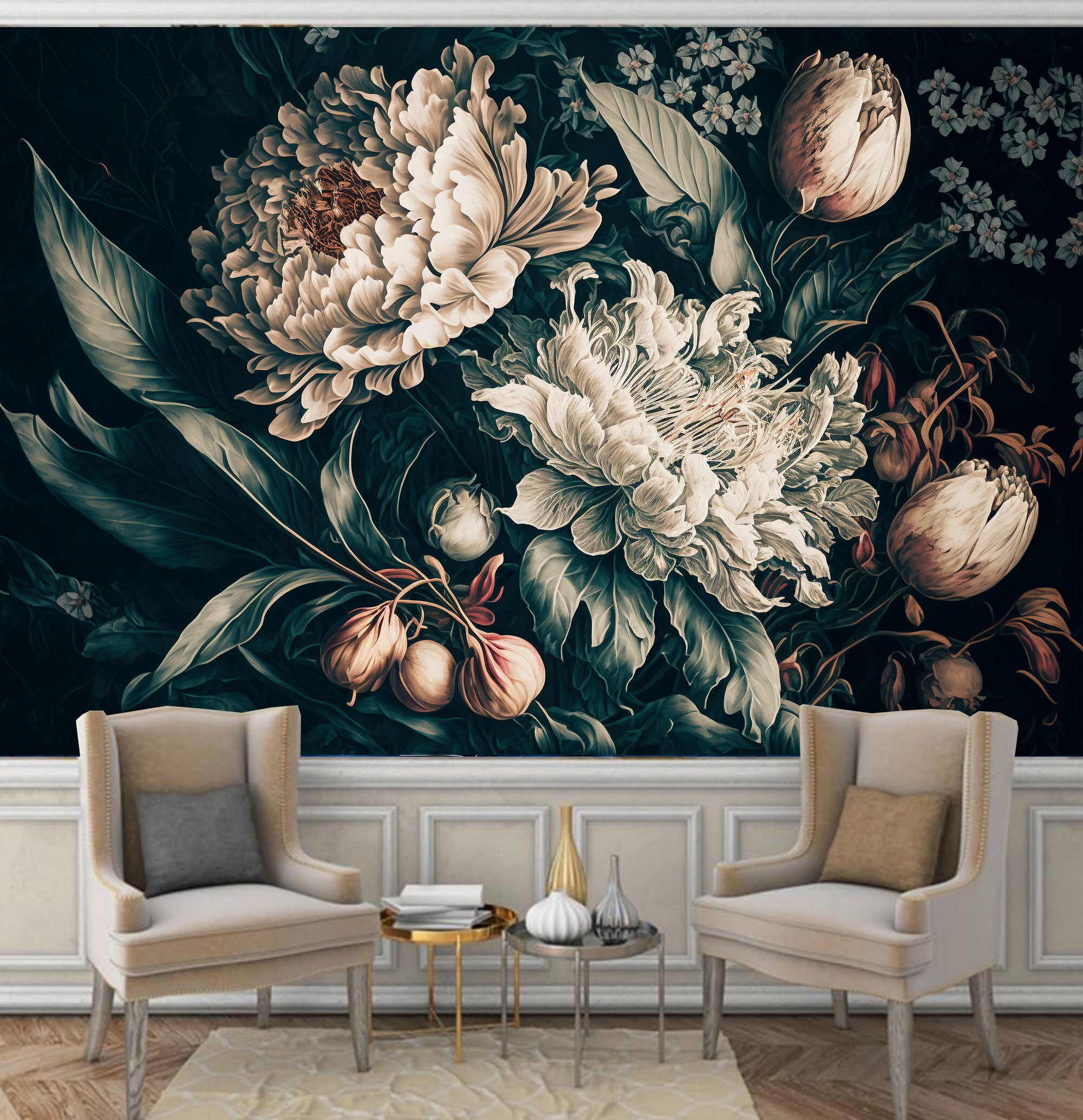 Dark Floral Peony Wallpaper Mural: Bedroom Living Room Wall Decor - Etsy