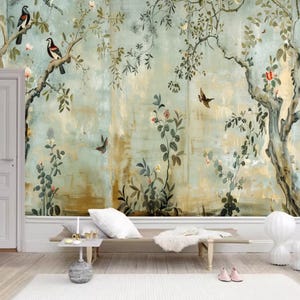 Chinoiserie Peony & Bird Wallpaper Mural: Brushwork Home Decor