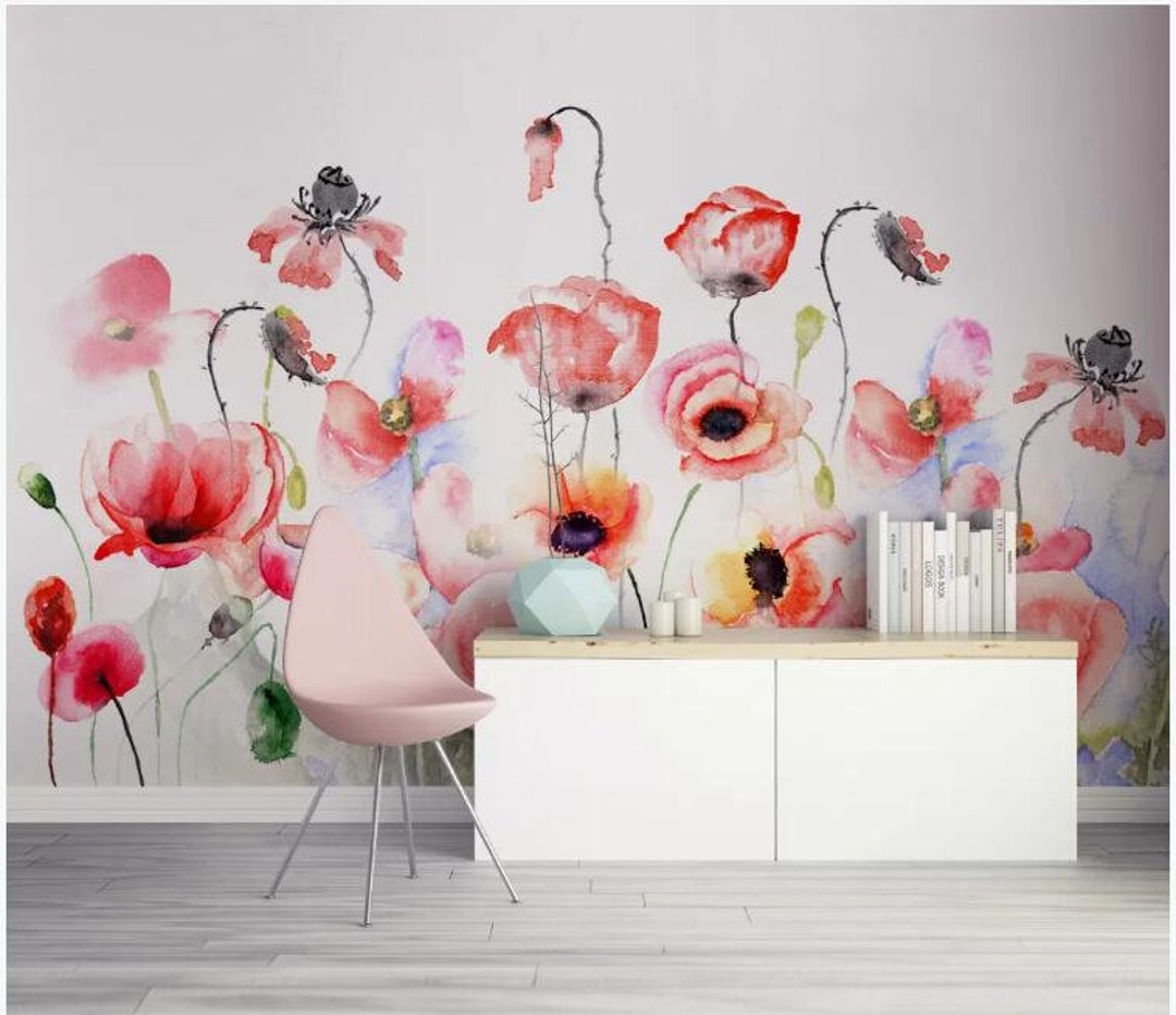 Watercolor Pink Poppy Flower Wallpaper Mural: Handpainted Floral Wall ...