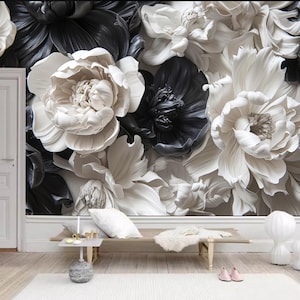 Black and White Floral Wallpaper Mural: Dark Flower Wall Decor