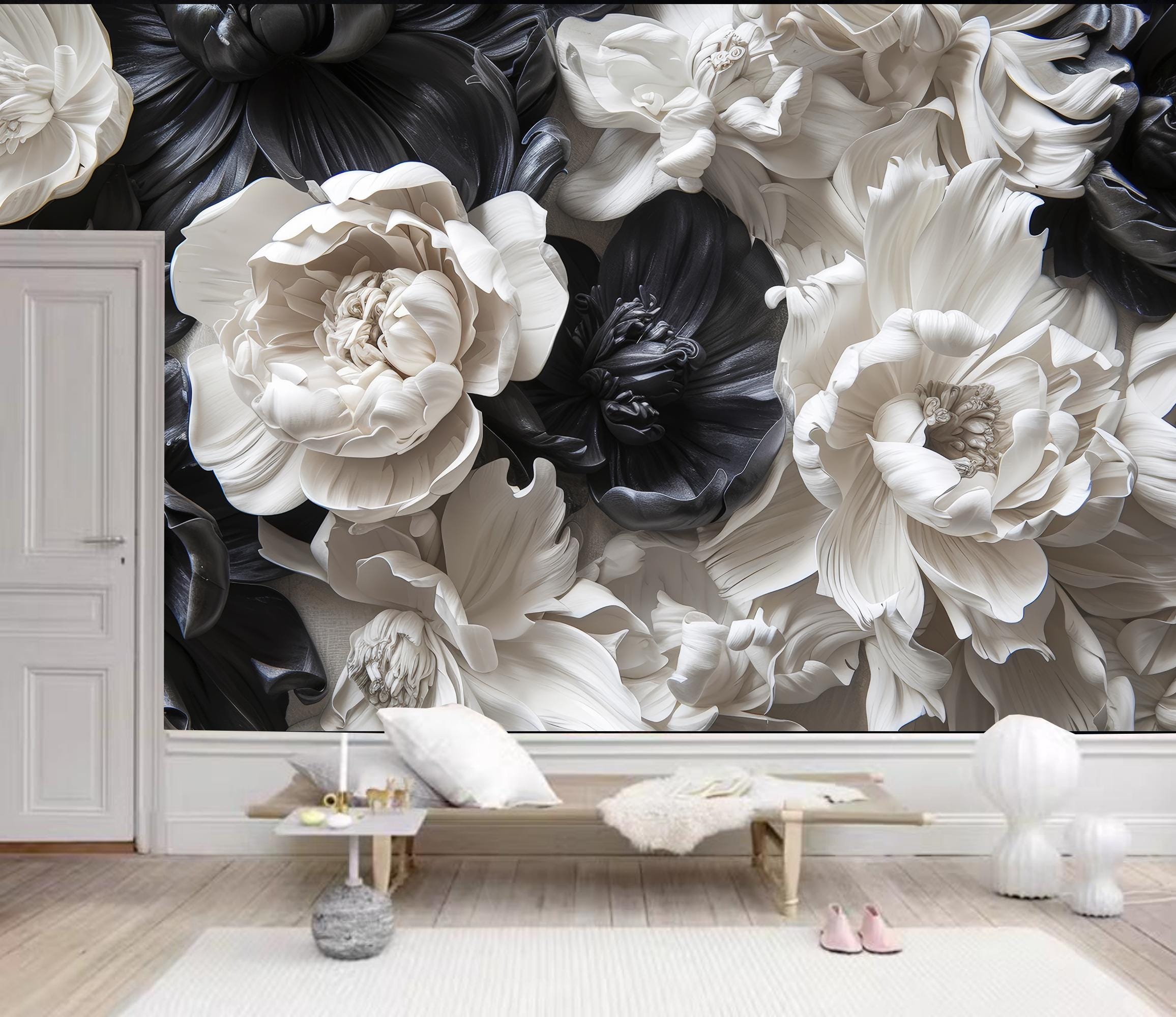 Black and White Floral Wallpaper Mural: Dark Flower Wall Decor - Etsy