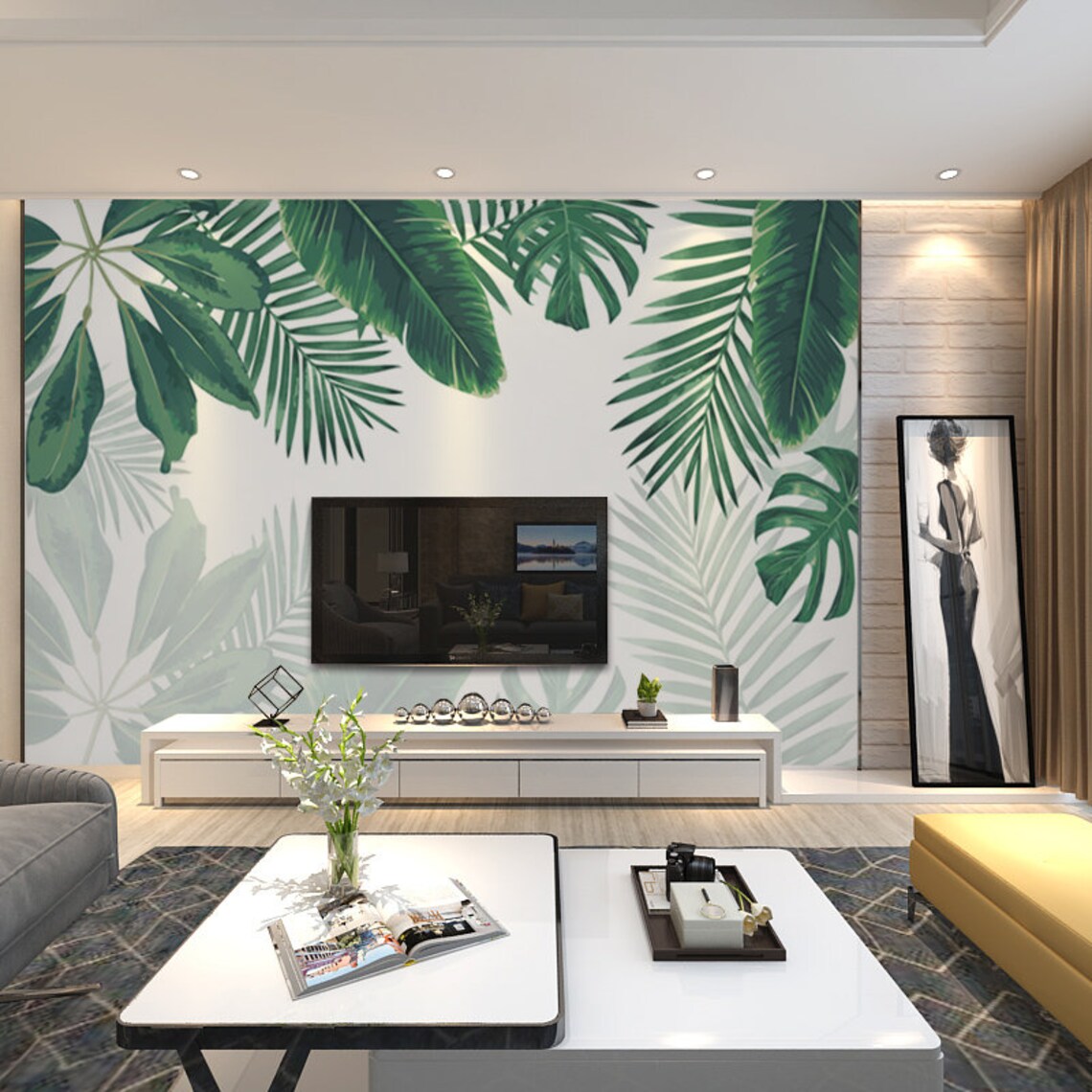 Dark Green Banana Leaf Wallpaper Tropical Plants Leaves Wall Etsy