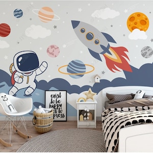 Papel tapiz de fondo de sala de estar para niños, Mural de decoración de pared con dibujos de astronauta, cohete, planeta, nórdico ins Original