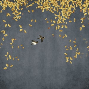 Chinoiserie Hängende Ginkgo Tapete, Handgemalte Fliegende Vögel und Mond Home Decor Wandbilder für Wohn oder Esszimmer