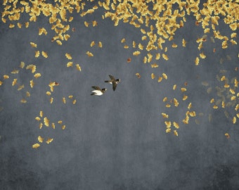 Papier peint Ginkgo suspendu chinoiserie, oiseaux volants peints à la main et peintures murales de décor à la maison de lune pour salon ou salle à manger