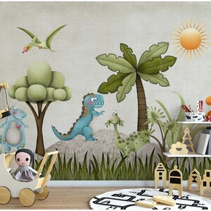 Dinosaur Nursery Wallpaper: Hand-Painted Cartoon Kids Room Wall Mural