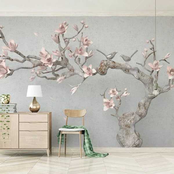 Custom Three-dimensional Pink Magnolia Tree Branches Embossed New Chinese Background Wall Murals