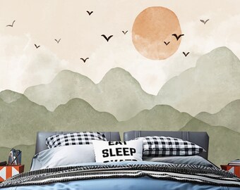 Cartoon Mountain Wallpaper Mural: Ombre Green & Blue Nursery Decor