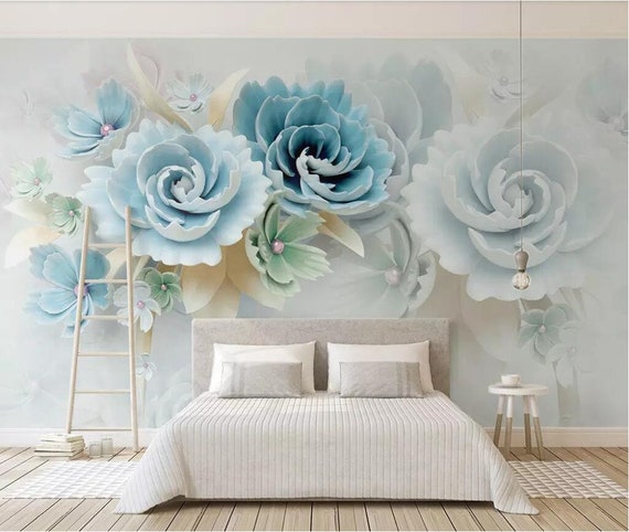 Custom 3d Photo Mural Wallpaper For Living Room Mural Bedroom Embossed Blue Flowers Photo Murals Wall Paper Painting