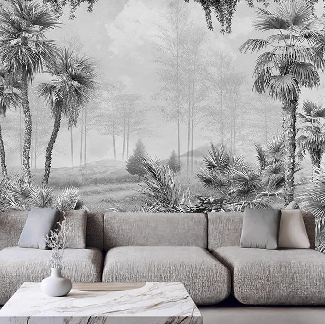 Grey Palm Trees Forest Jungle Wallpaper Wall Mural Home Decor - Etsy