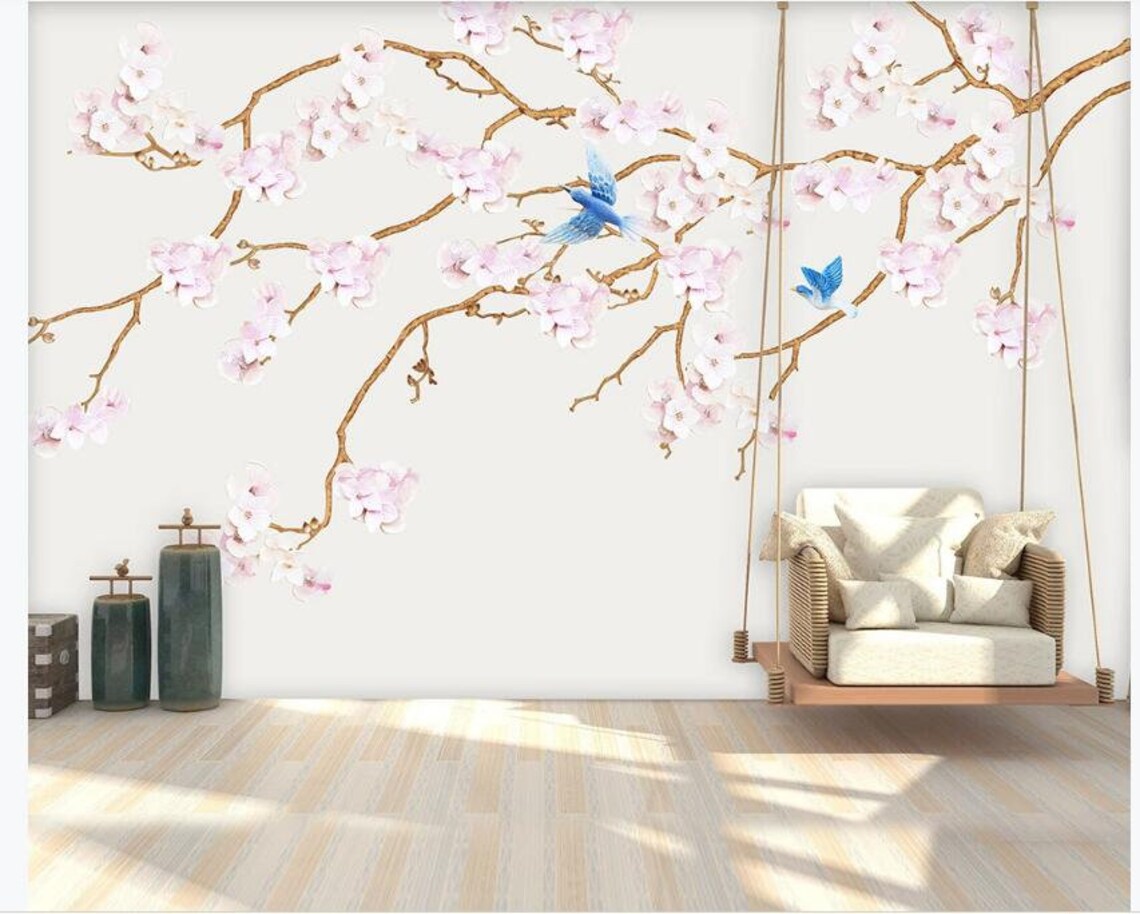 Chinoiserie Hanging Magnolia Wallpaper Handpainted Brushwork Etsy