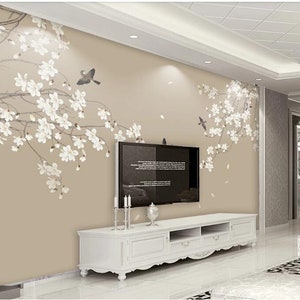 Chinoiserie Hanging Magnolia Wallpaper, Brown Background Flying Birds Home Decor Wall Murals Wall Decor for Living or Dinning Room