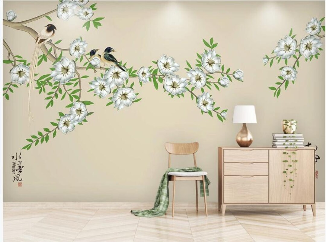 Chinoiserie Hanging Magnolia Wallpaper Handpainted Brushwork Etsy