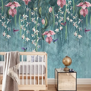 Blue Background Hanging Pink and White Flowers with Birds Wallpaper Wall Mural Home Decor
