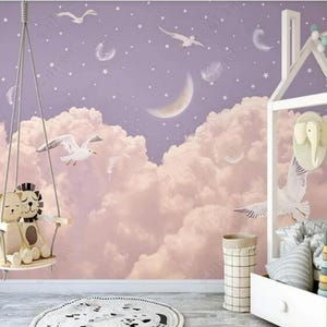 Cartoon Clouds and Stars Nursery Wallpaper: Birds & Feathers Wall Mural