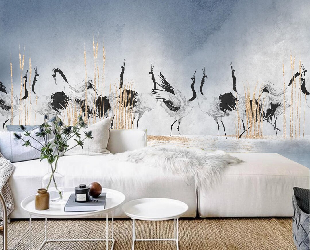 Dancing Cranes Over the Lake Nature Landscape Wallpaper Wall Mural Home ...