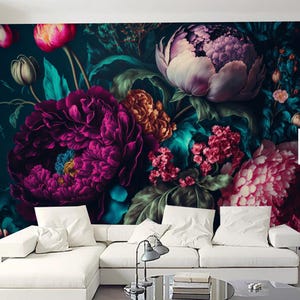 Dark Background Peony Flowers Floral Wallpaper Wall Mural Home Decor