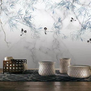 Chinoiserie Chinese Modern Marble Pattern Bamboo Wallpaper,  Flowers and Birds Background Wall Painting Wall Murals