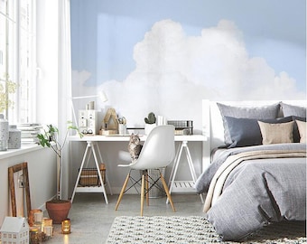 Skye Blue White Clouds Wallpaper, Simple Nature Clouds Wall Murals Wall Decor for Living or Dinning Room