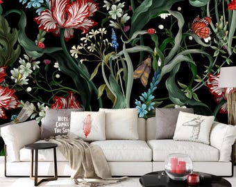 Dark Background Red Tulip Flowers and Plants Wallpaper Wall Mural Home Decor