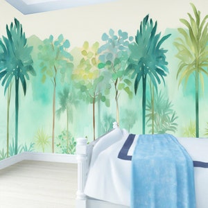 Watercolor Jungle Wallpaper Mural: Tropical Palm Tree Forest Decor