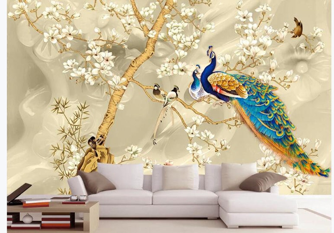 Chinoiserie Magnolia Flowers Peacock Wallpaper Beautiful - Etsy Chinoiserie Magnolia Flowers Peacock Wallpaper Beautiful - Etsy