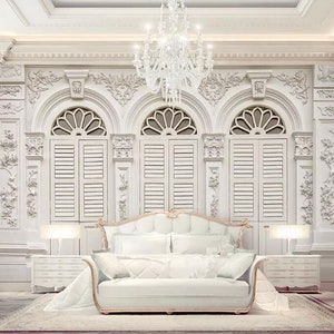 European Luxury Relief  Arch Wallpaper, Hand Painted Embossed White Relief Wall Murals Wall Decor for Living or Dinning Room