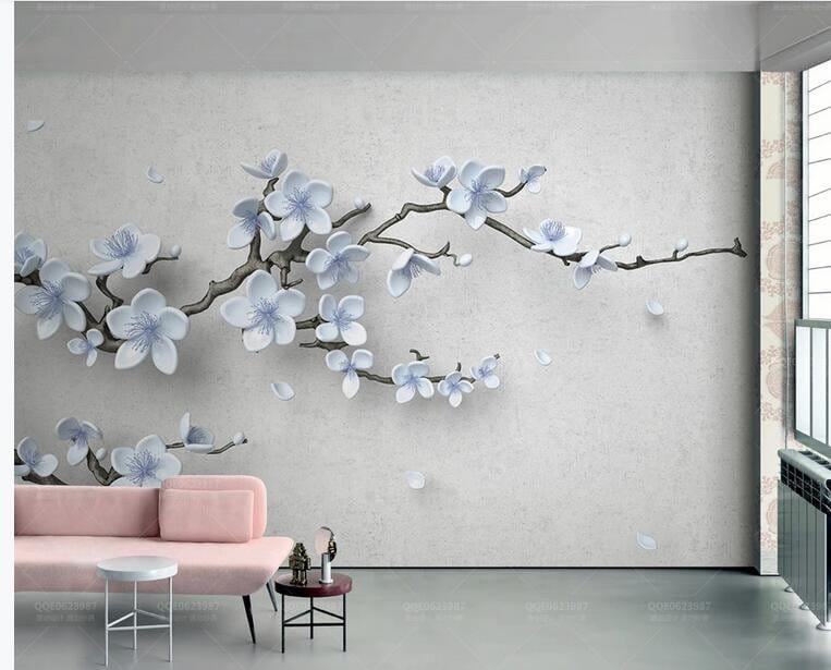 Plum Blossom Wallpaper Mural: Hand-painted Embossed Flower Wall