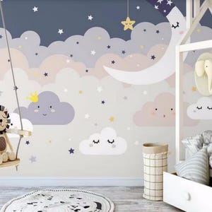 Cartoon Clouds Nursery Wallpaper: Stars and Moon Wall Mural